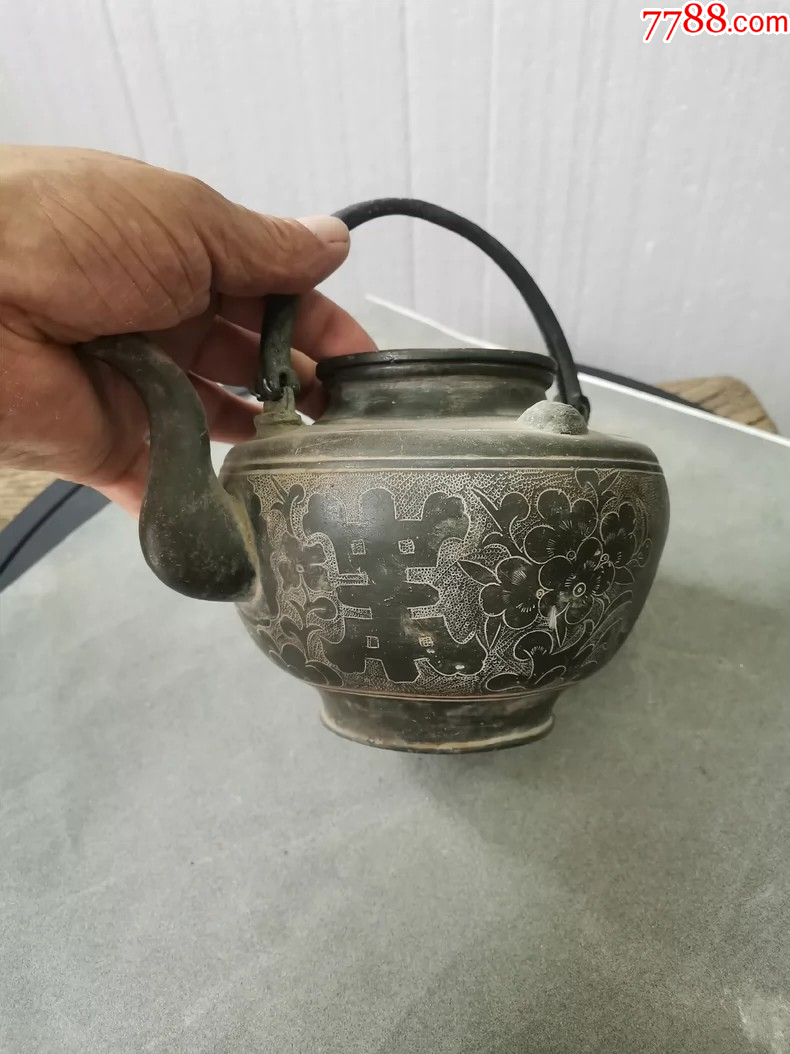 锡茶壶鎏金老锡器带柄茶壶道口老锡器带把锡酒壶_锡壶/锡器_古玩
