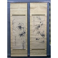 高久蔼厓，清代中期文人画对幅中堂《兰竹双清图》国画书法古玩字画