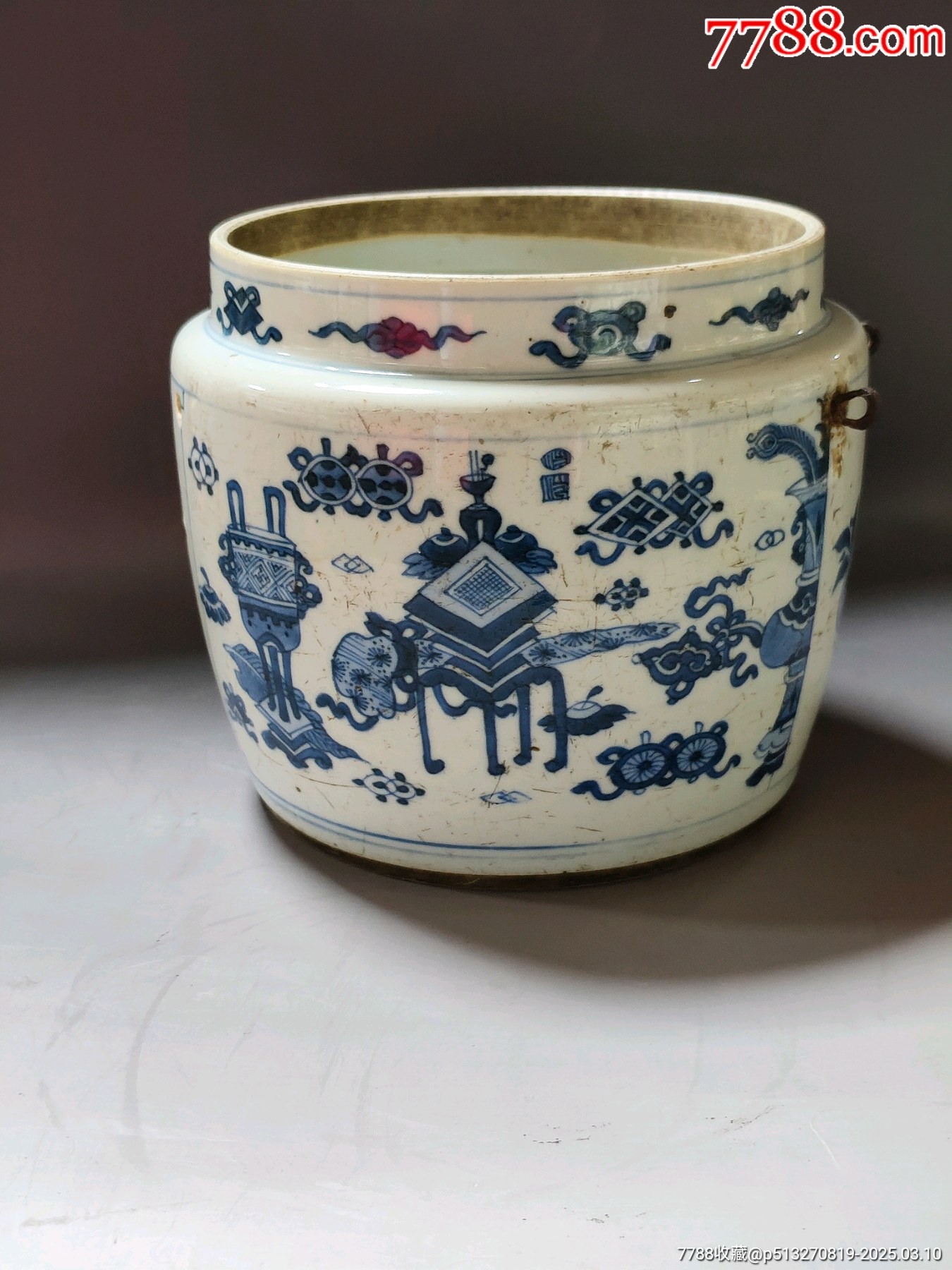 清康熙青花麒麟博古纹四系罐麒麟图案少见喜欢的朋友不要错过细节如图