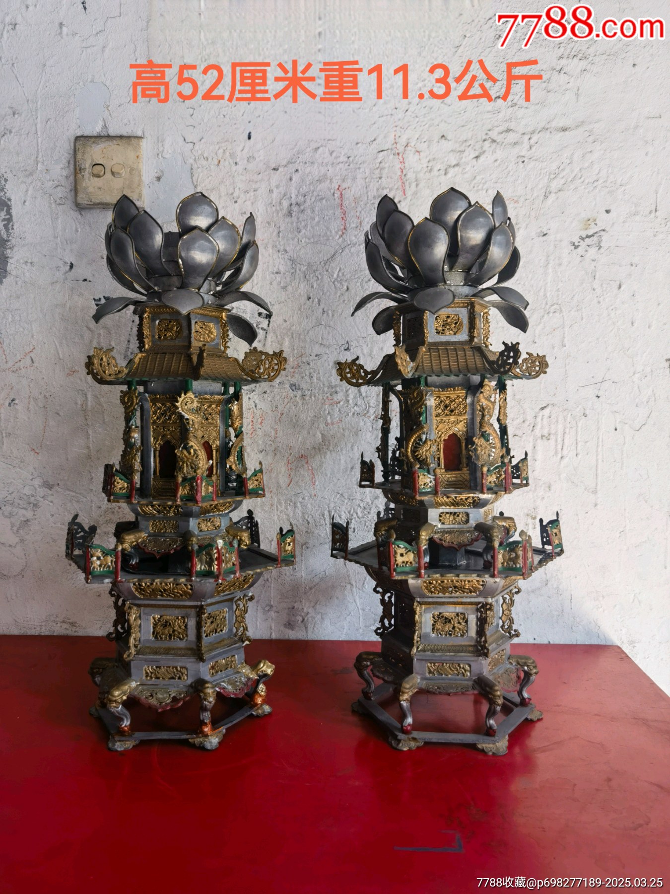 镂空鎏金锡制烛台一对古玩古董收藏居家佛堂会所装饰空间展示摆设_锡壶