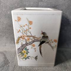 371#藏瓷567粉彩花鳥全工四面彩四方大筆筒秋色清風時次乙未春月金品卿_呈祥書畫苑
