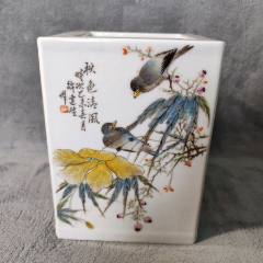 372#藏瓷567粉彩花鳥全工四面彩四方大筆筒春風得意秋色清風_呈祥書畫苑
