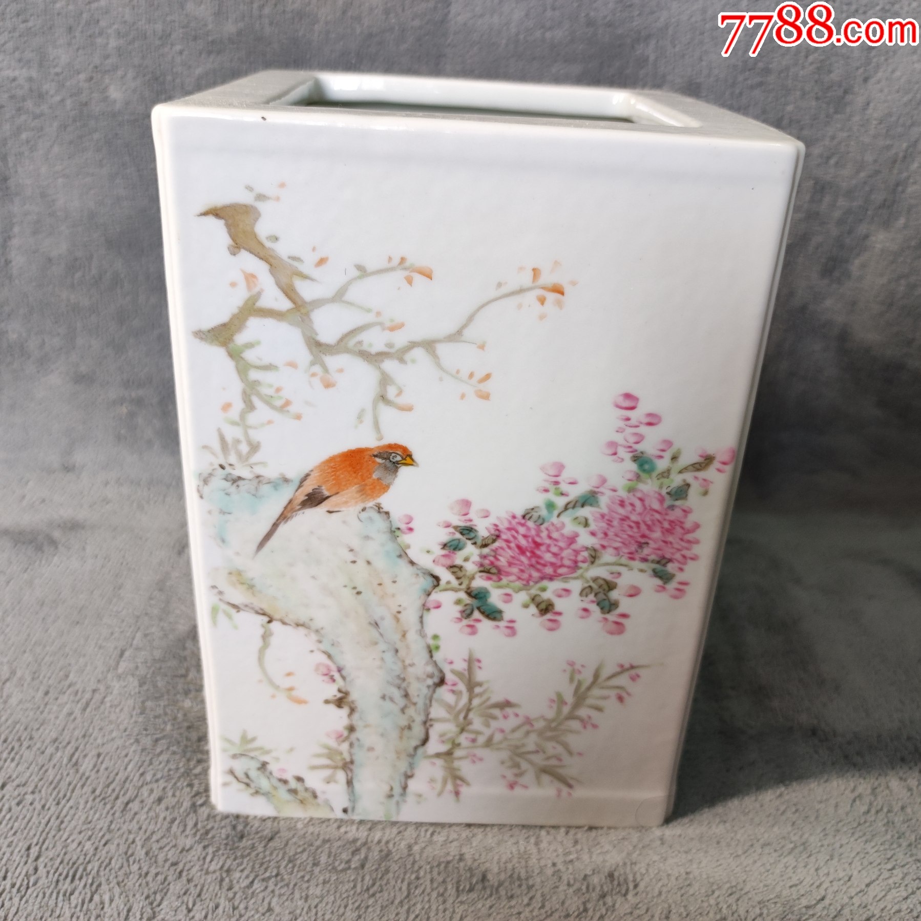 375#藏瓷567粉彩花鳥全工四面彩四方大筆筒艷影凌風(fēng)時次乙未春月金品卿_價格1199元【呈祥書畫苑】_第1張_7788收藏__收藏?zé)峋€
