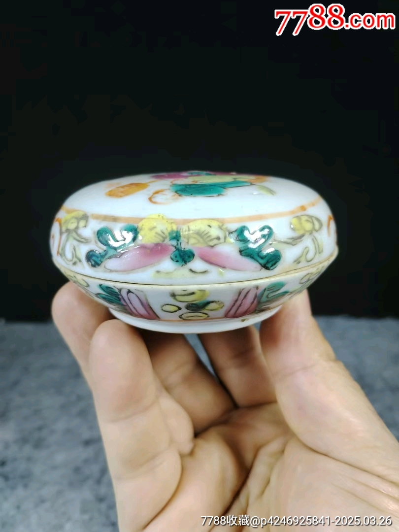 晚清粉彩五子登科人物印泥盒，品相如圖沿短線及使用螞蟻咬余完好尺寸直徑8.5cm_價格388元_第3張_7788收藏__收藏?zé)峋€