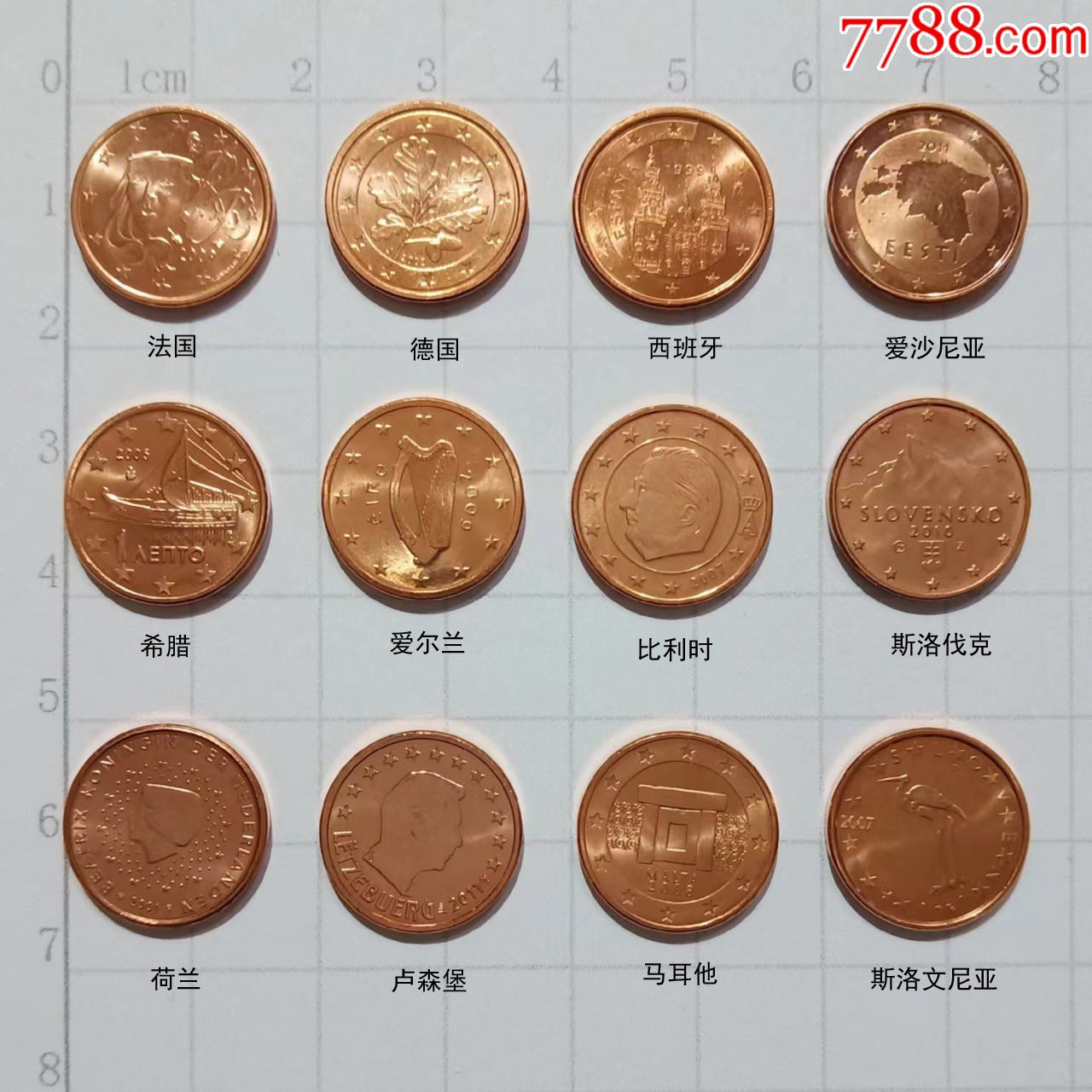 欧洲十二个国家钱币欧元1分硬币12枚不同全新-其他欧洲钱币-7788红宝书