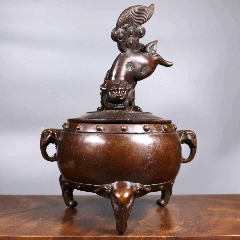 美品  铜象耳狮子盖香炉-铜炉-7788红宝书 仏具一般