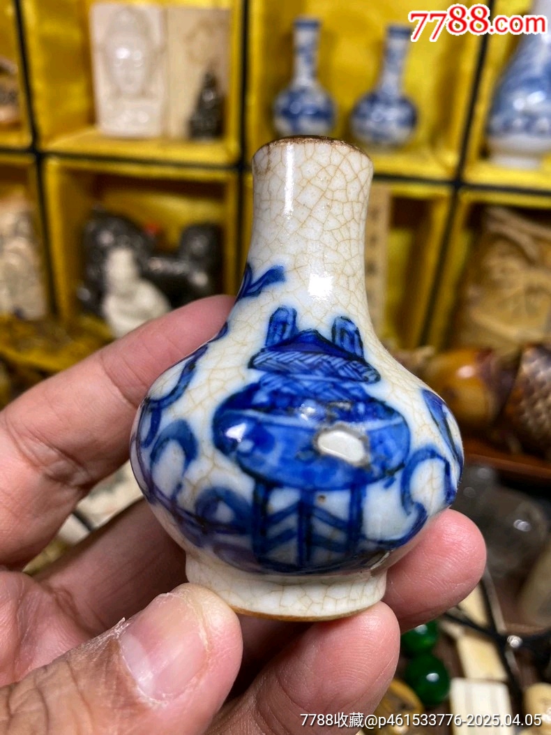 古玩旧藏清代哥釉青花博古纹赏瓶_青花瓷_顺应时代【7788红宝书】