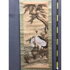 岩青，清末民国时期花鸟工笔画《松鹤图》国画书法古玩字画。绢本绫裱_