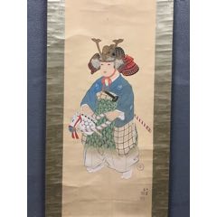 冈本大更，民国时期工笔人物画《子供武者图》国画书法古玩字画。原配木