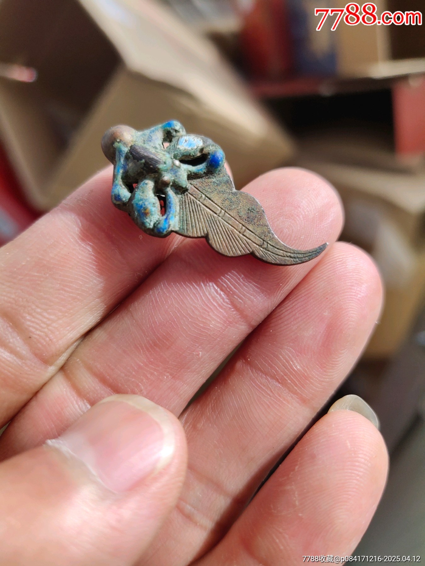 清代烧蓝烤蓝吊坠,蝙蝠树叶造型,双面工艺,长3