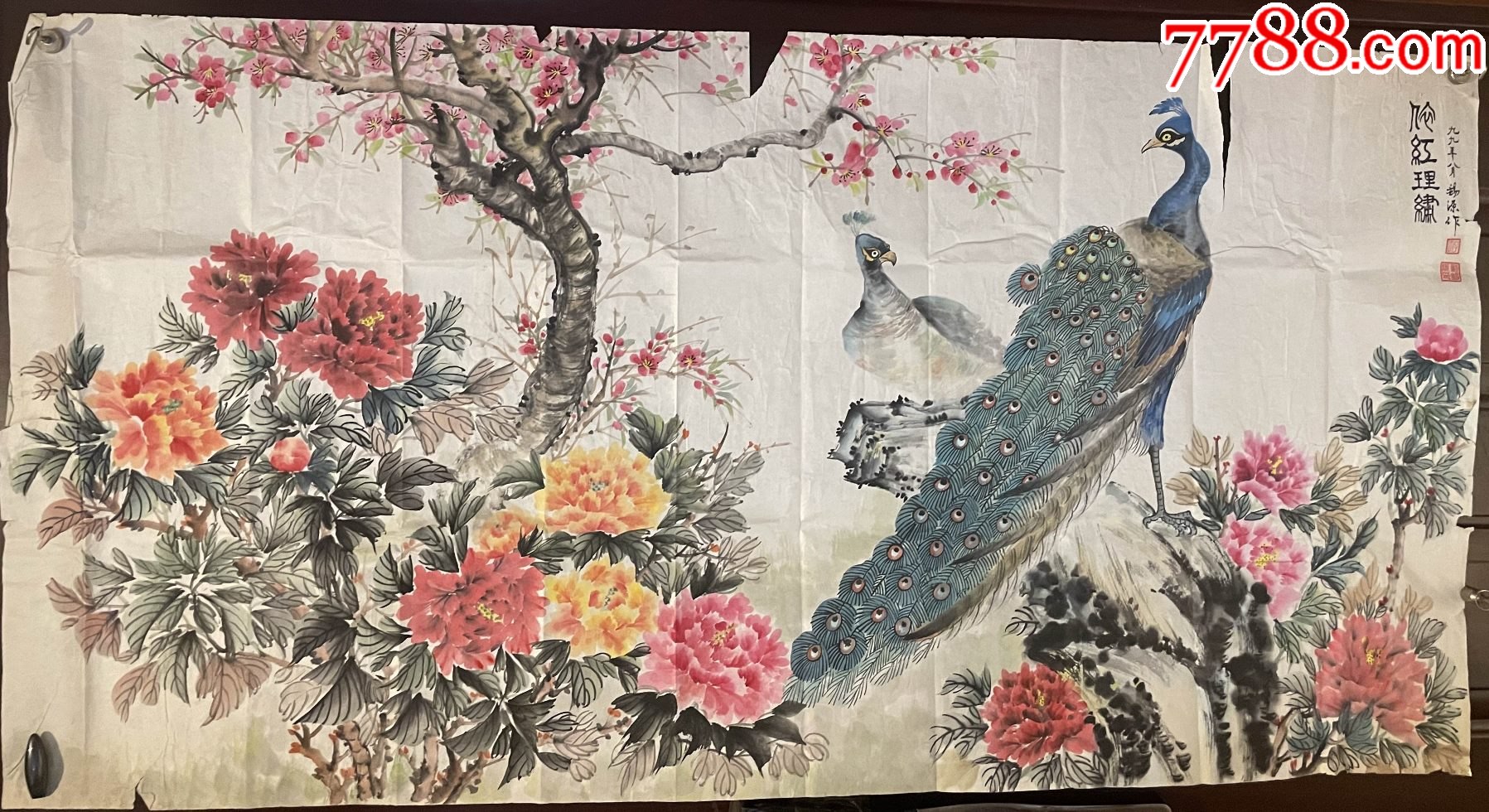中国書画家劉湘（1963～2020年）氏作花鳥図『春意濃』図 肉筆真作保証表装前 中国書画家劉湘（1963～2020年）氏作花鳥図『春意濃』図 肉筆