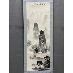 月洲，清代时期精品大幅青绿山水中堂《溪山论道图》国画书法古玩