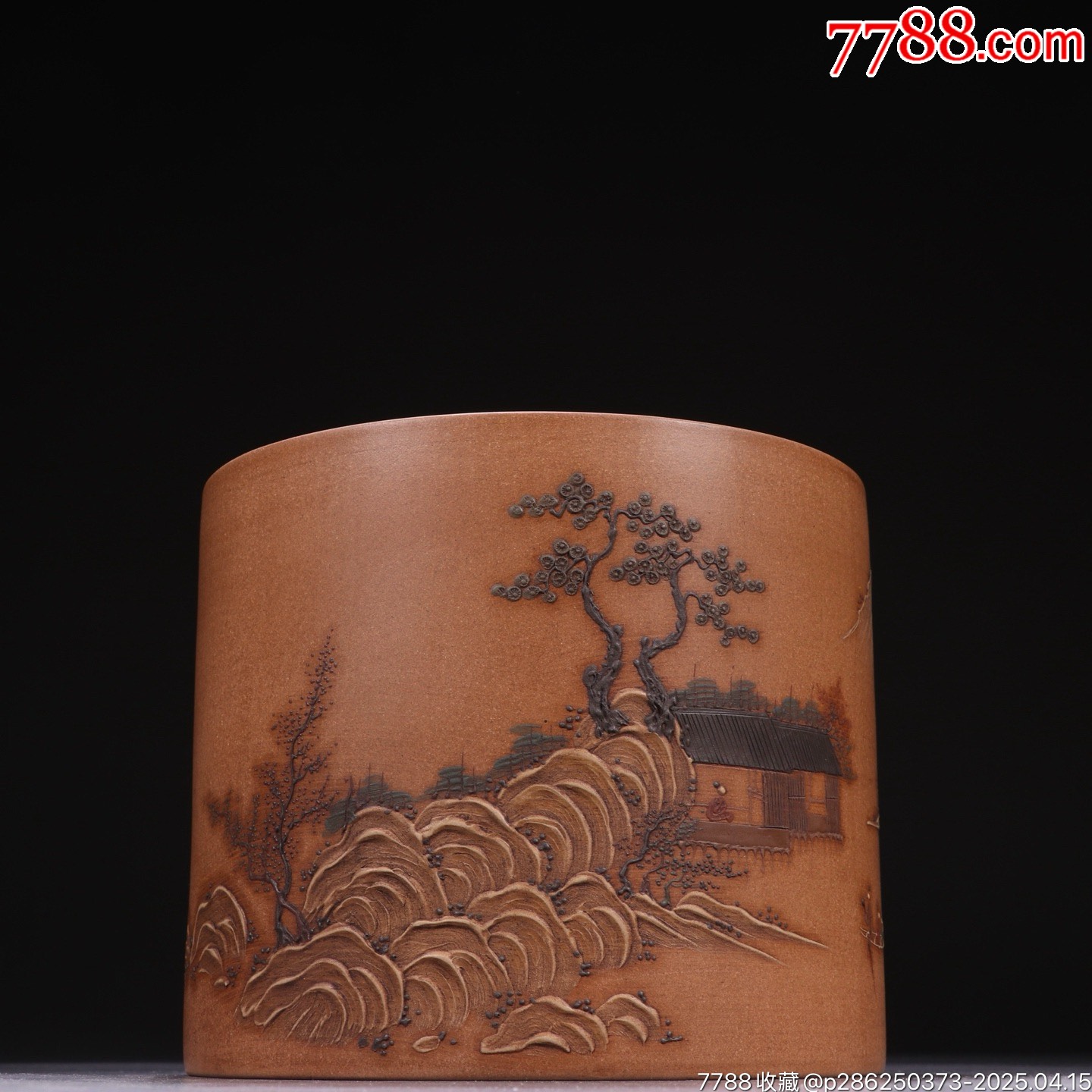 清時代 年代物 紫砂筆梅花詩文入り 筆筒 朱泥 雕刻 在銘 清時代 年代物