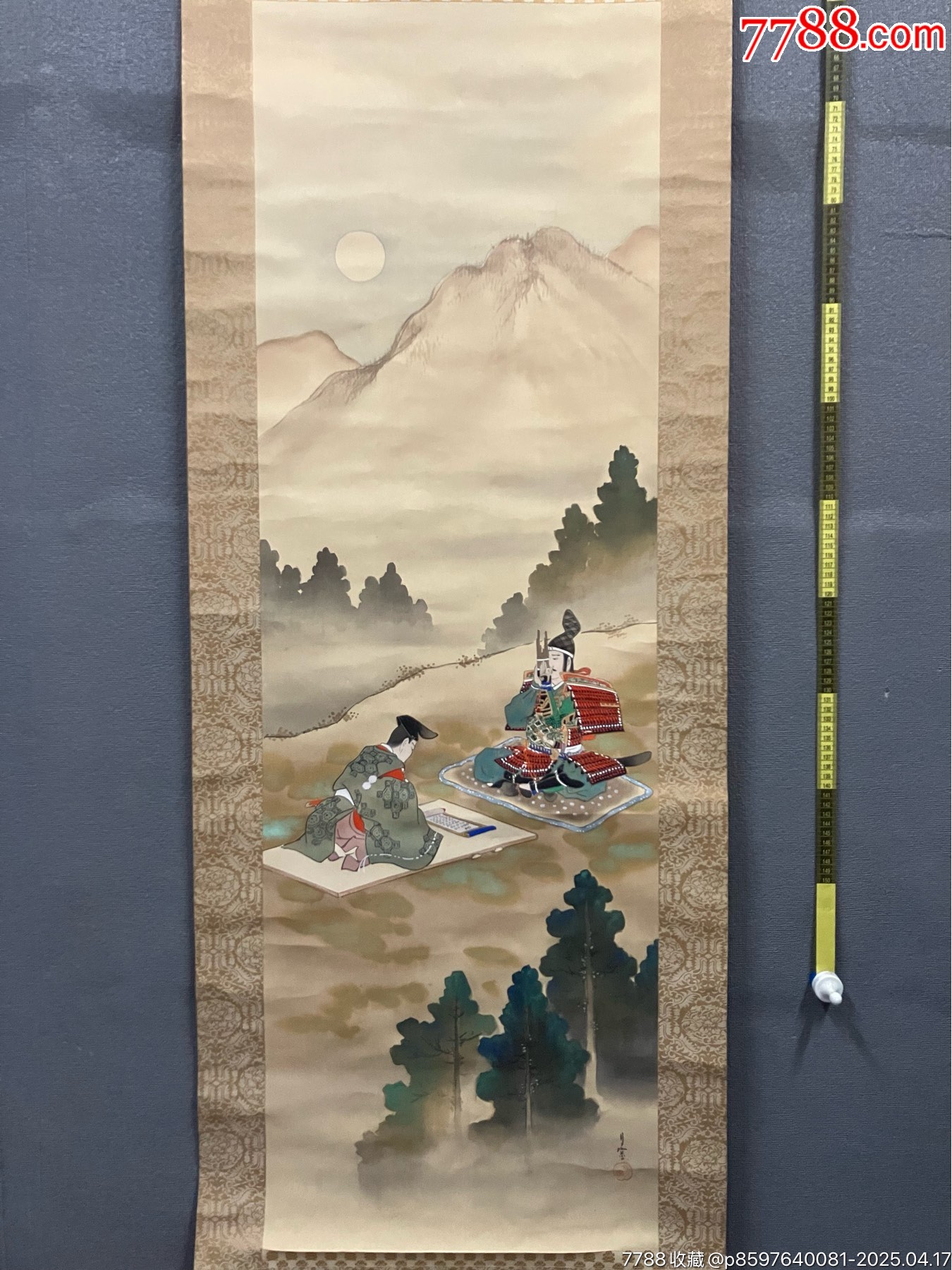 大泷月窗，清末民国时期工笔人物画《足柄山新罗三郎吹笙图》国画