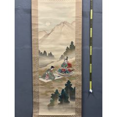 大泷月窗，清末民国时期工笔人物画《足柄山新罗三郎吹笙图》国画