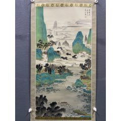 文涛，青绿山水中堂画《峡江泛舟图》国画书法古玩字画装饰挂画