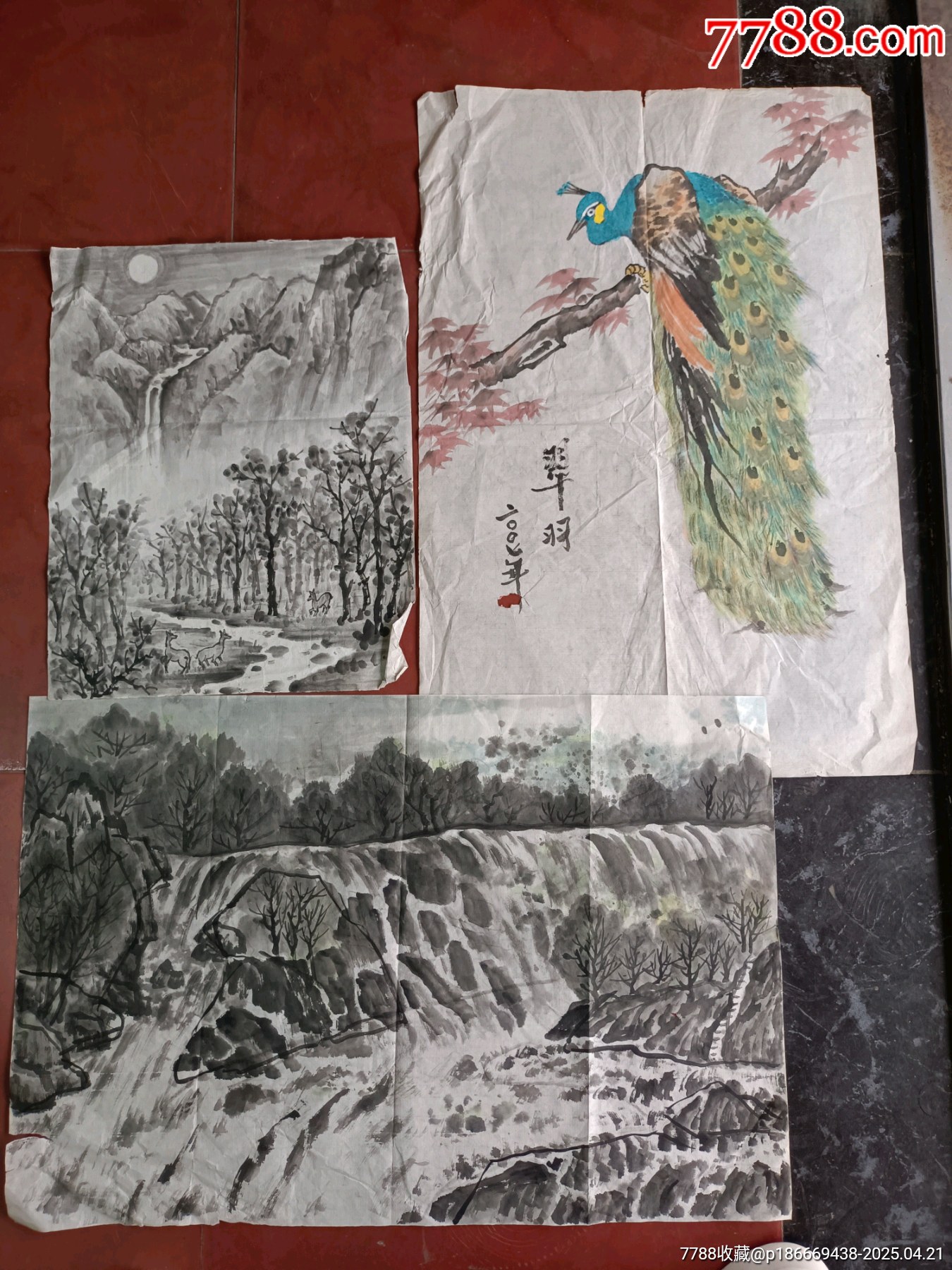 字画3幅，国画，山水，花鸟，仕女，山水画2幅，花鸟画一幅-山水
