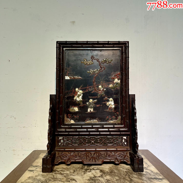 红木葡萄雕 老红木屏风古董老红木家具清代酸枝木雕竹节大漆彩绘百宝嵌大插屏