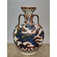 美品.“内府”底款，精工细作满工青花釉里红麒麟纹如意耳扁瓶-其他