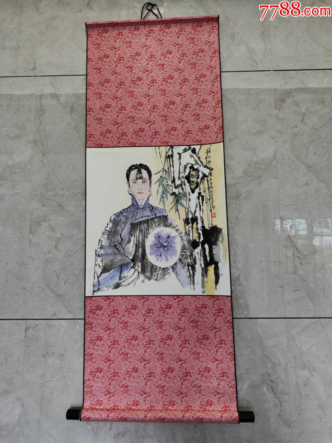 1940號卷軸國畫寫意人物少女秋水伊人畫心48×45cm作者：趙建成_價(jià)格19800元【呈祥書畫苑】_第1張_7788收藏__收藏?zé)峋€