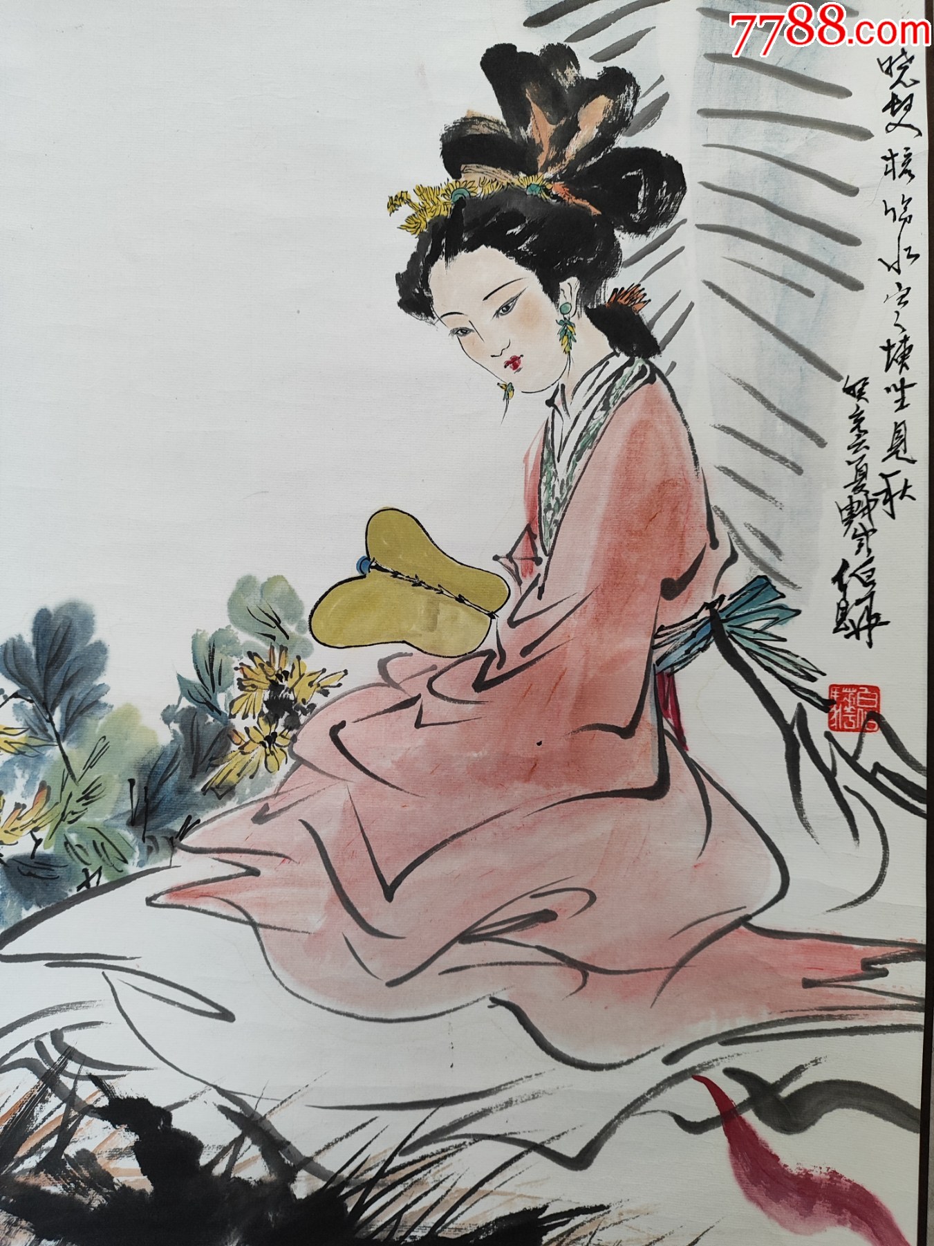 1944號(hào)卷軸國(guó)畫寫意人物芭蕉仕女執(zhí)扇仕女畫心64×40cm作者：白伯驊_價(jià)格38900元【呈祥書畫苑】_第2張_7788收藏__收藏?zé)峋€