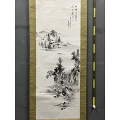 逸园，清末民国南画山水中堂《江畔独钓图》国画书法古玩字画。纸本绫裱