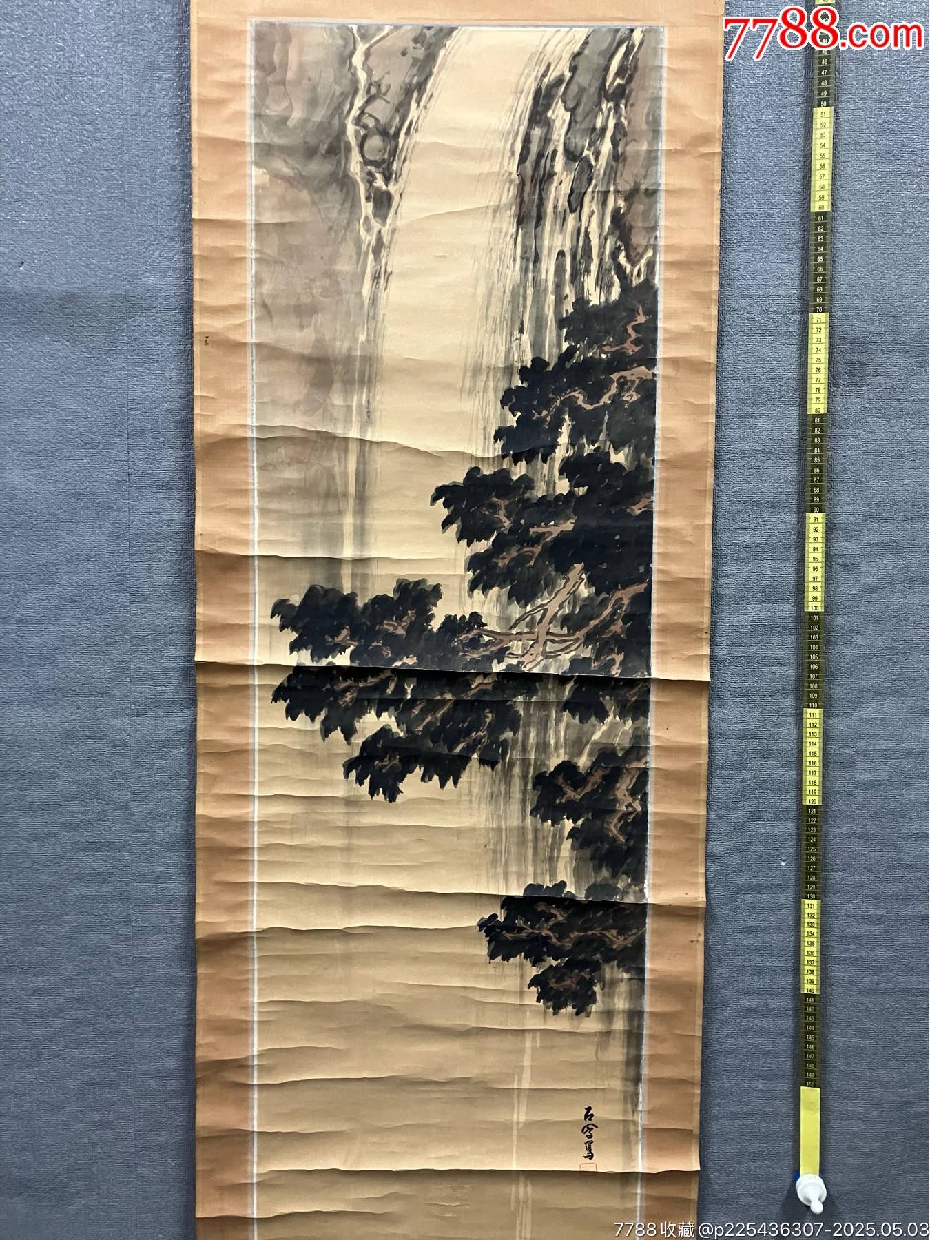 値引 石凤，清末民国山水画《瀑泉图》国画书法古玩字画。纸本纸裱画心 絵画