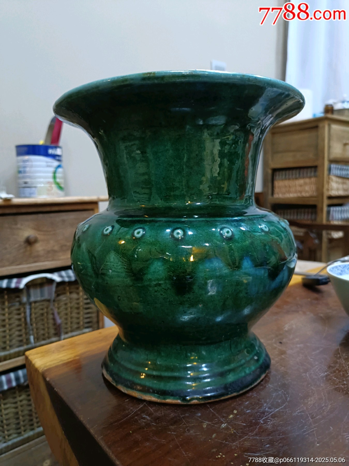 基本全品）清代瓜皮绿釉窑变鼓钉花菇_酱釉瓷/紫金釉_图片价格_