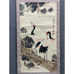 谷虹，八十年代大幅长寿寓意中堂画《松鹤图》国画书法古玩字画