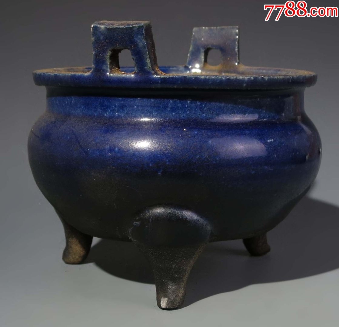 清晚期：藍(lán)釉三足雙耳香爐（本站已鑒定）_價(jià)格468元_第3張_7788收藏__收藏?zé)峋€
