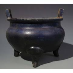 清晚期：藍釉三足雙耳香爐（本站已鑒定）_優(yōu)品好店