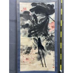 张大千（款），大幅泼墨中堂画《荷花图》国画书法古玩字画装饰挂画。纸