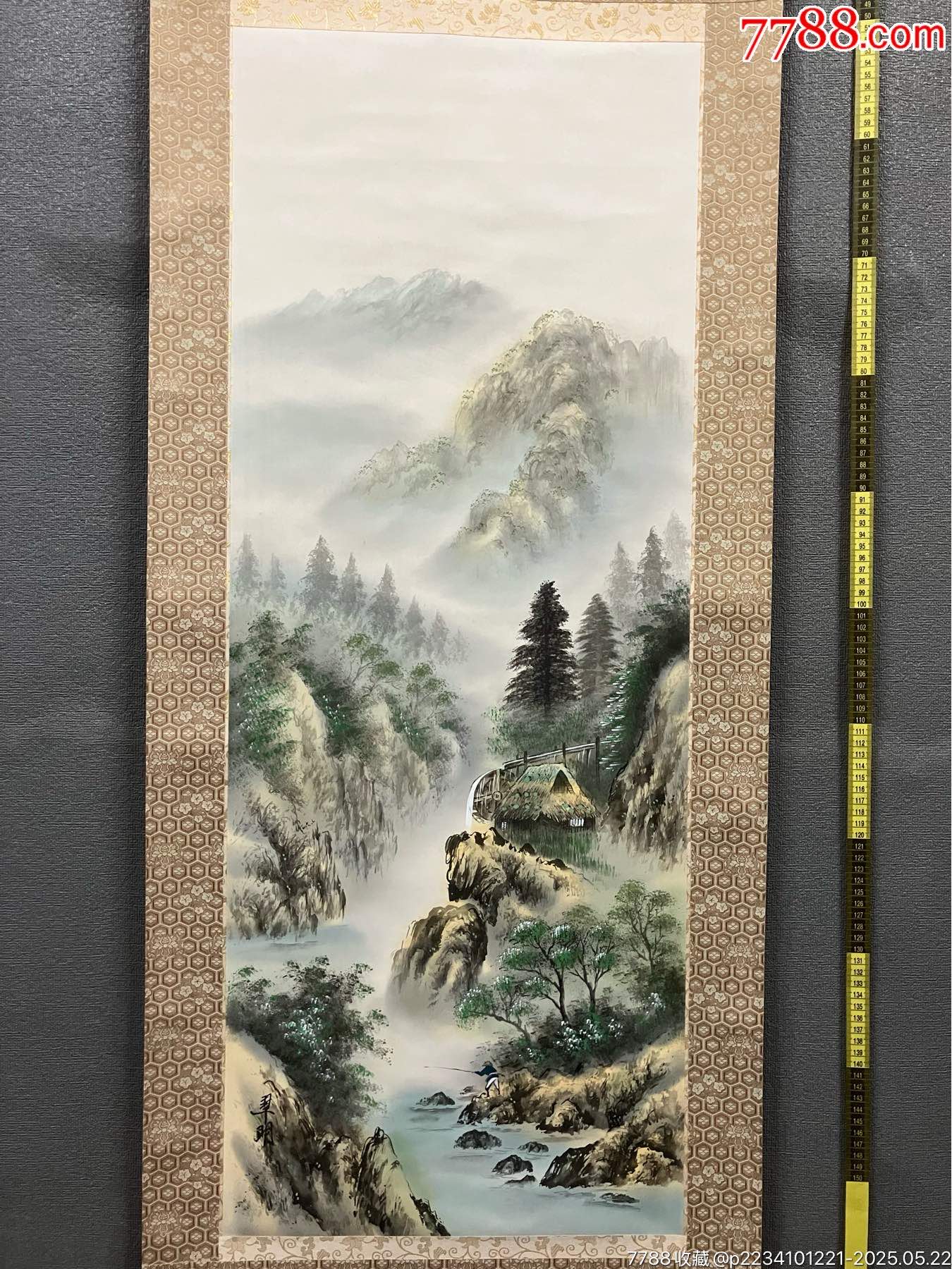 翠明，设色山水画中堂《溪村垂钓图》国画书法古玩字画装饰挂画。镶矩