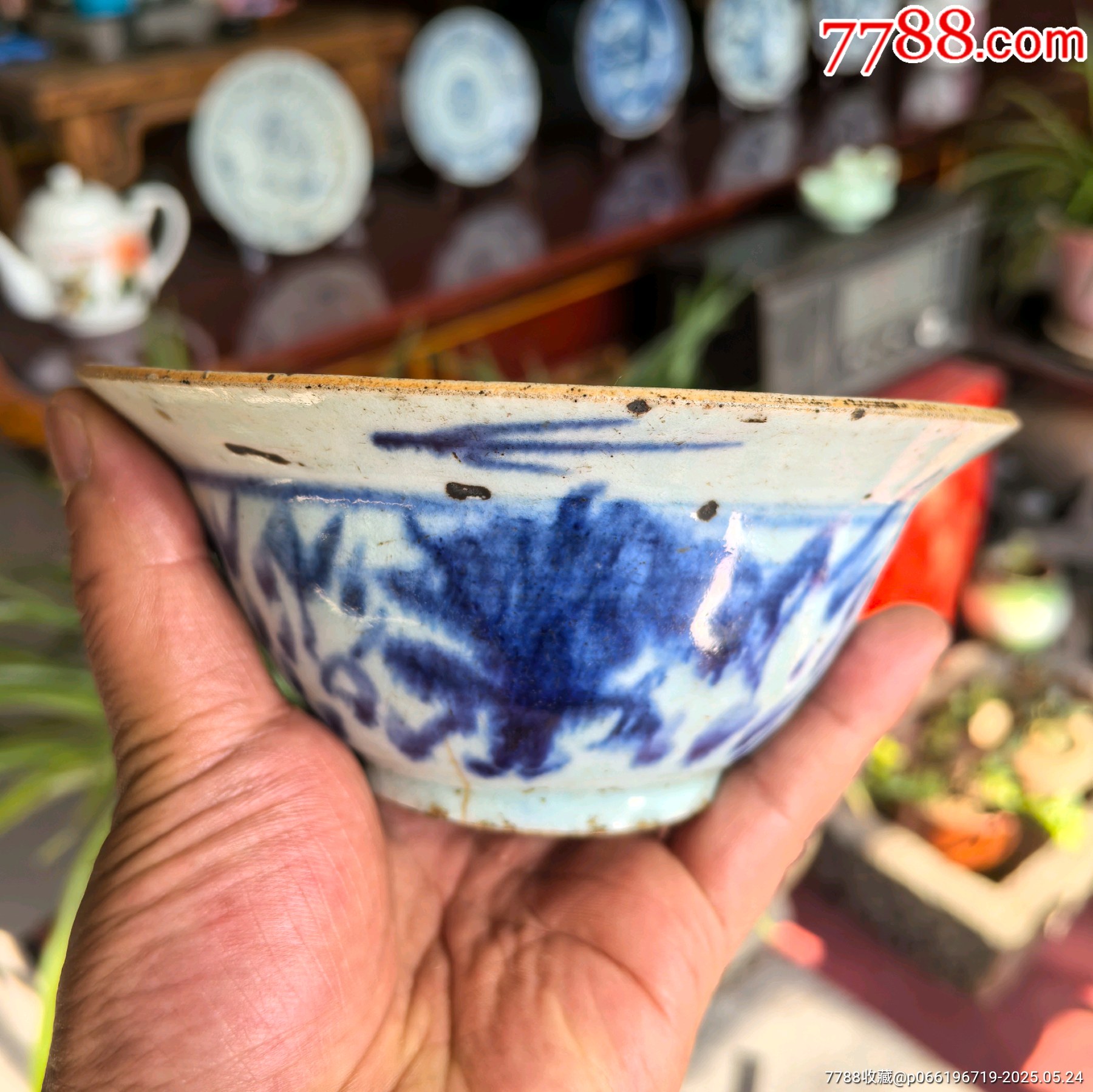 清代早期康熙青花折腰碗有裂纹如图保老保真