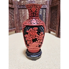 北京雕漆厂铜胎雕漆花瓶-漆瓶-7788红宝书