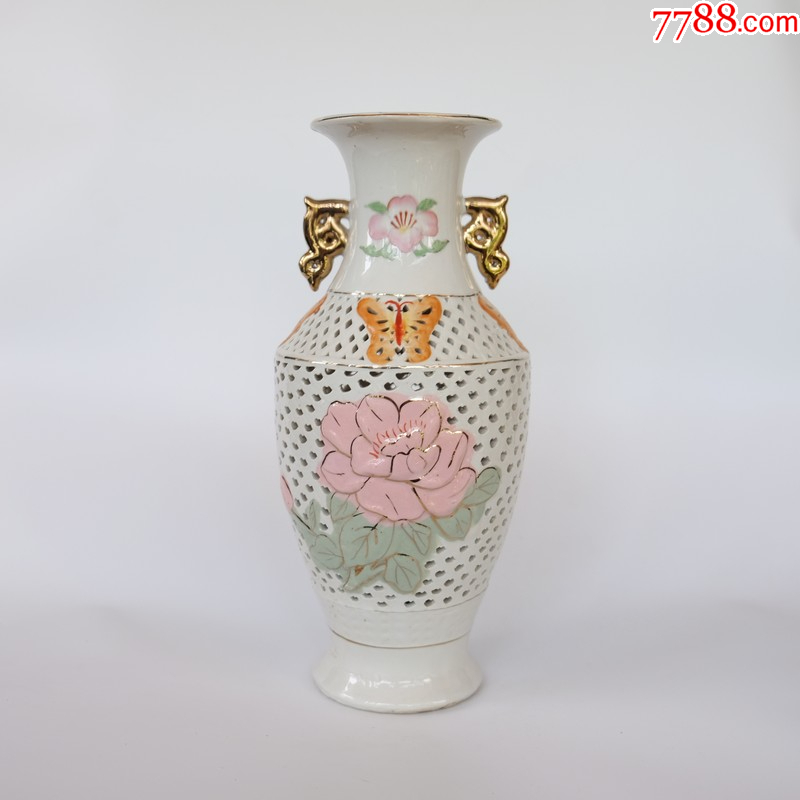 中国　唐三彩 　花文　双耳瓶　C　R5638B 创汇时期镂空粉彩花瓶双耳蝶恋花赏瓶五六七瓷瓶花瓶摆件老瓷器_彩绘瓷