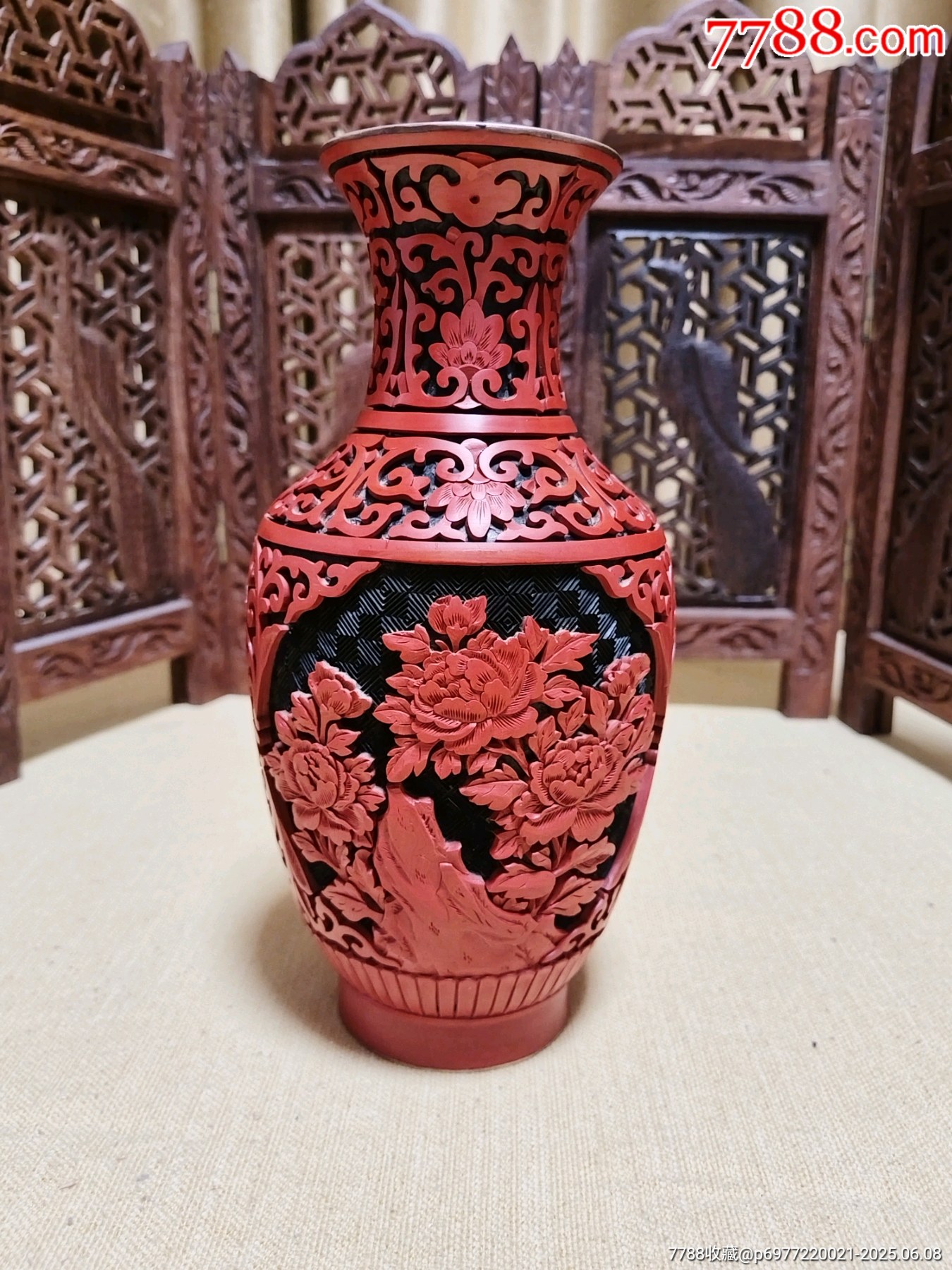 北京雕漆厂铜胎雕漆花瓶-漆瓶-7788红宝书