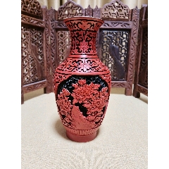 北京雕漆厂铜胎雕漆花瓶-漆瓶-7788红宝书