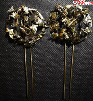 【銀】　★ 民俗 銀流金昆虫花卉紋髪簪 ★　清代　胡蝶 桃花 累糸彫刻　清供雅玩 銀】 ☆ 民俗 銀流金昆虫花卉紋髪簪 ☆ 清代 胡蝶 桃花 累糸彫刻