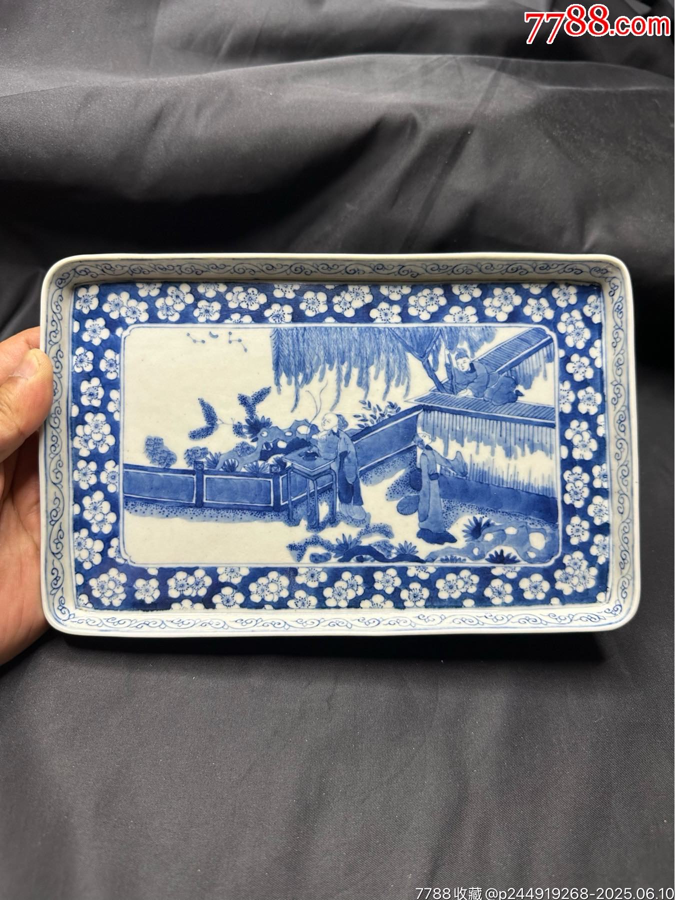 清代早期康熙青花西厢记人物故事四方盘子文盘古瓷器古玩古董-青花瓷