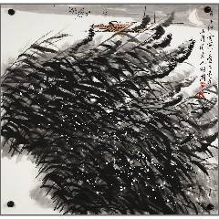 中国古美術・花卉図三尺画芯・朱軍印款・水墨彩色画・純手描き