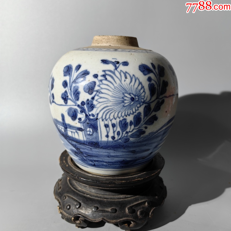 嘉庆青花菊花纹茶叶罐青花粉彩碗杯子盘古董壶瓷器-青花瓷-7788旧书网