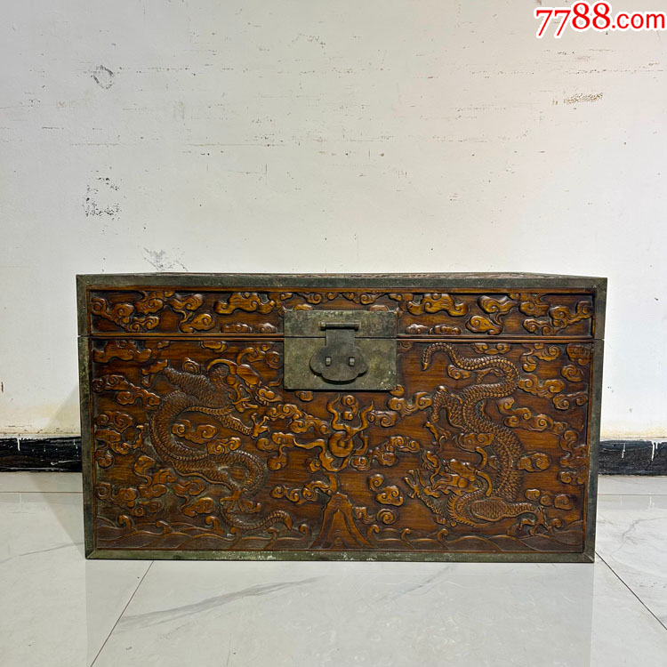 老黄花梨木箱古董老家具清代黄花梨海黄满雕龙纹超大书箱明清家具-木盒