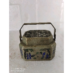 双耳6面三足 山水紋染付香炉 年代物 美術品・アンティーク