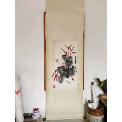 白石老人款红蓼草虫图轴一幅，全绫装裱，自然老旧，画心尺寸40/78CM