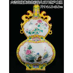 大清乾隆黄珐琅彩描金花鸟双耳葫芦扁瓶尺寸：34.5×19.5cm_彩绘瓷/彩瓷_
