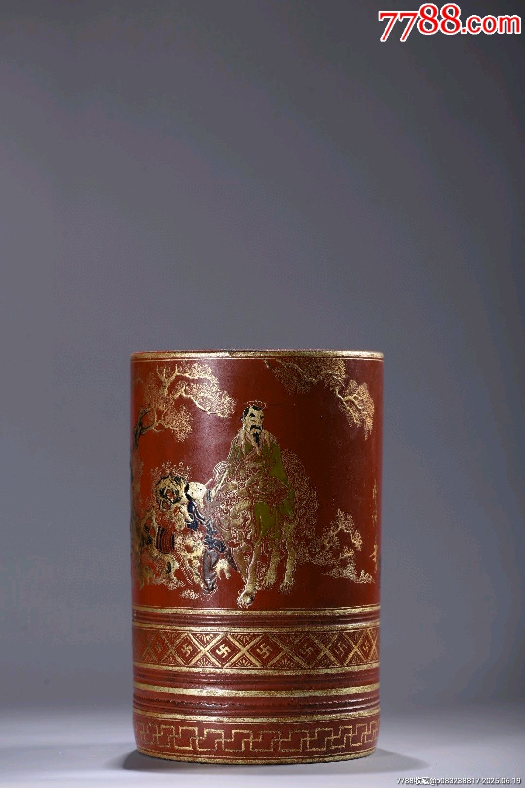 稀少名家盛丙云大师刻 牡丹诗文扇骨美術品 古董品收藏品 老竹胎描真金漆器太师少师题诗笔筒_笔筒_图片价格_收藏鉴别_7788