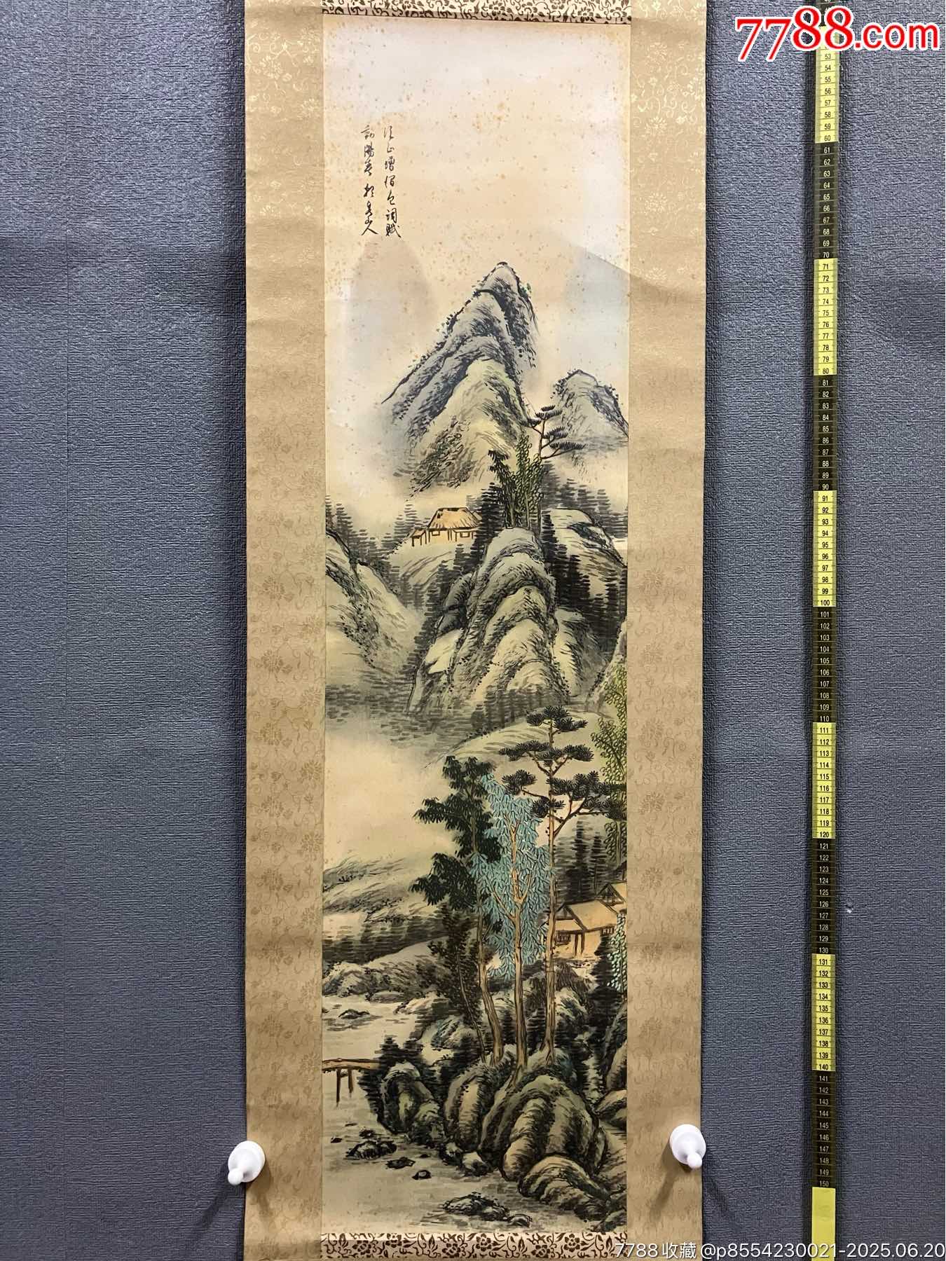 朝泉山人，青绿山水琴条《溪山叠嶂图》国画书法古玩字画。原配木箱绢本