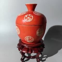 【PGT】1366 紅釉小罐 光绪矾红描金一鹭莲科罐盘碗杯碟壶罐瓶水洗水盂壁挂瓶盖碗炉_红釉瓷_