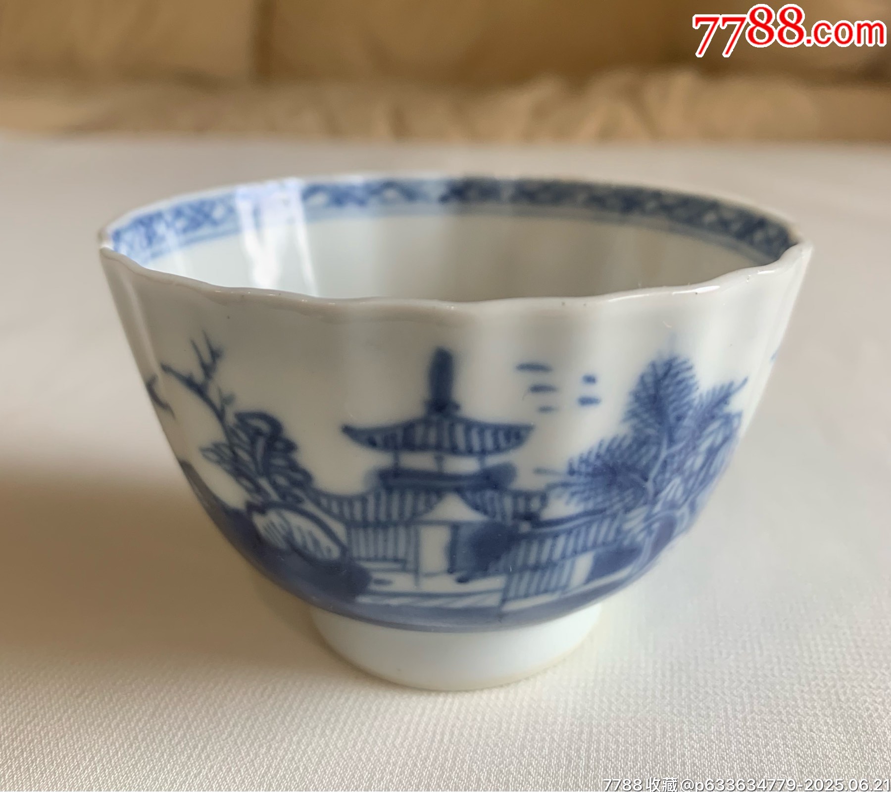 清代乾嘉青花山水楼阁瓜棱主人杯杯_青花瓷_收藏价格_鉴定交易_7788瓷器网